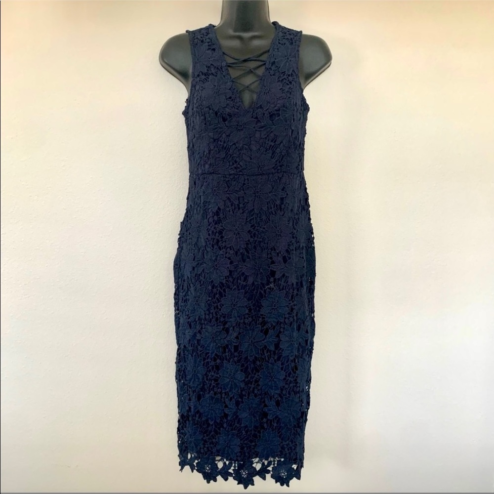 Main Strip Navy Blue Criss Cross Bust Lace Sleeveless Midi Dress